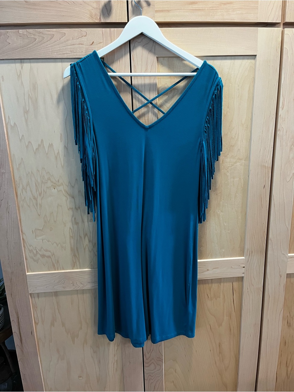 Idyllwind Teal Fringe V-Neck Sleeveless Tunic with Crisscross Back
